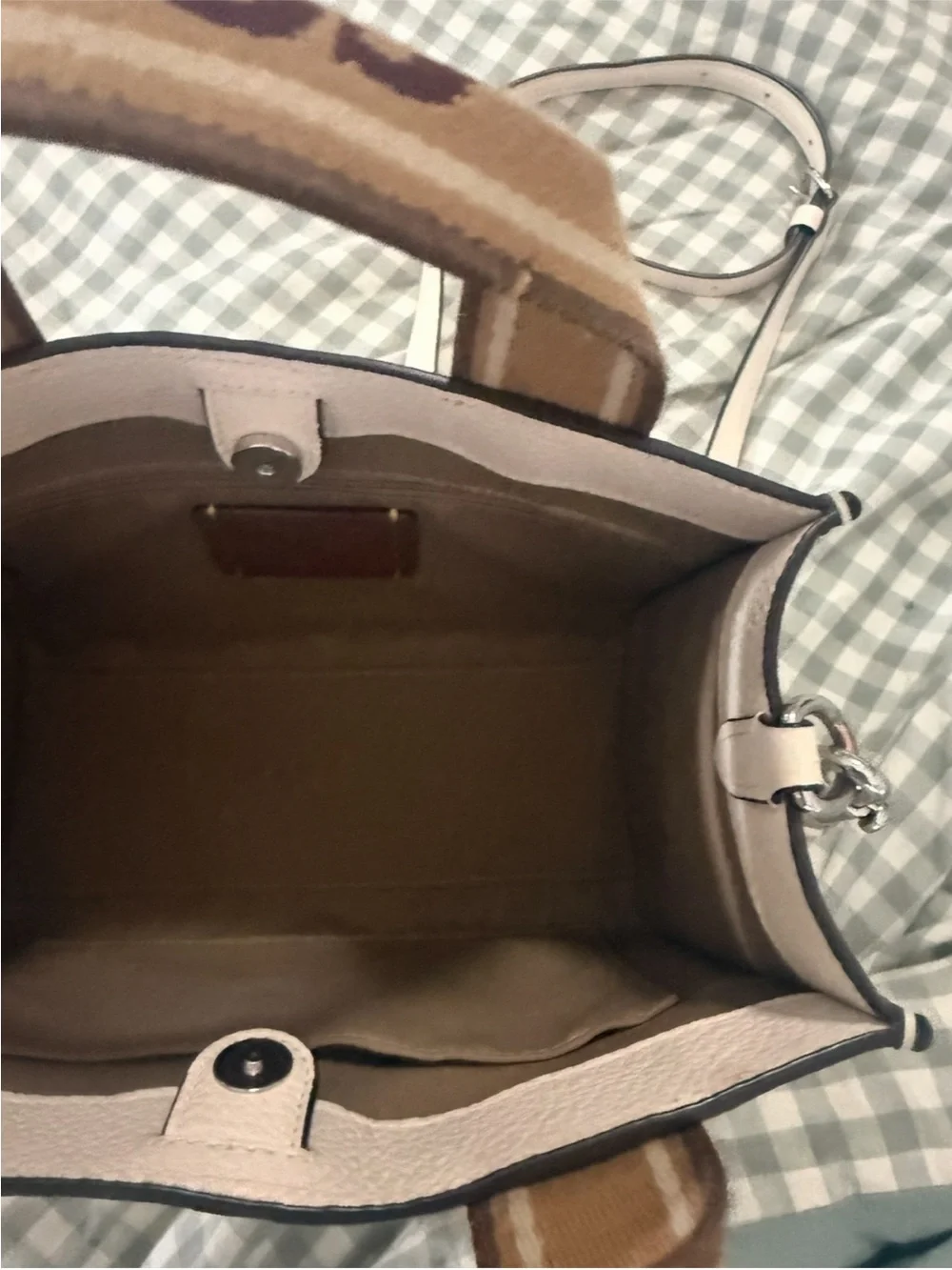 Coach Silver/Chalk Tote with Tan Stripe Handles